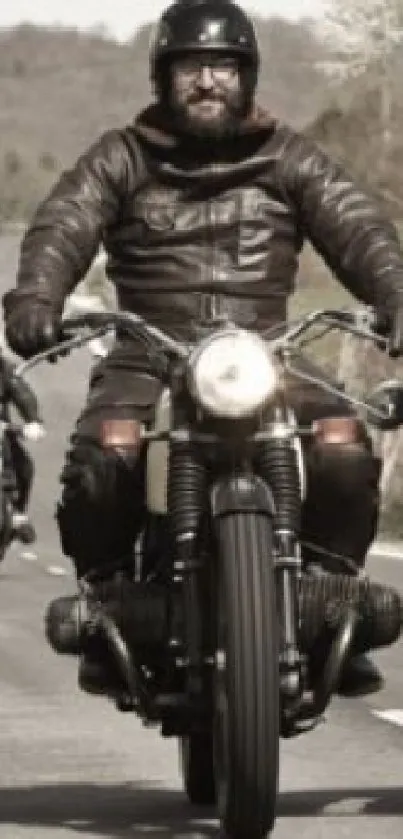 Vintage motorcycle ride on open road, sepia tones.