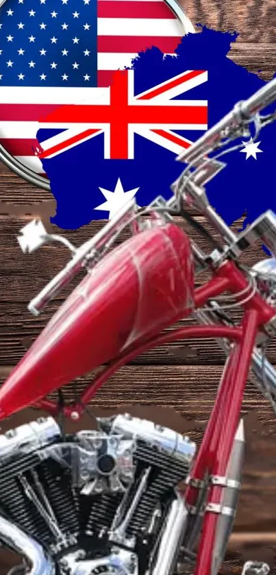 Vintage motorcycle with flags on wooden background.