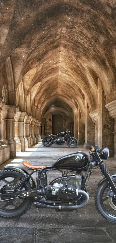 Vintage motorcycle beneath an ancient stone archway, exuding classic artistry.