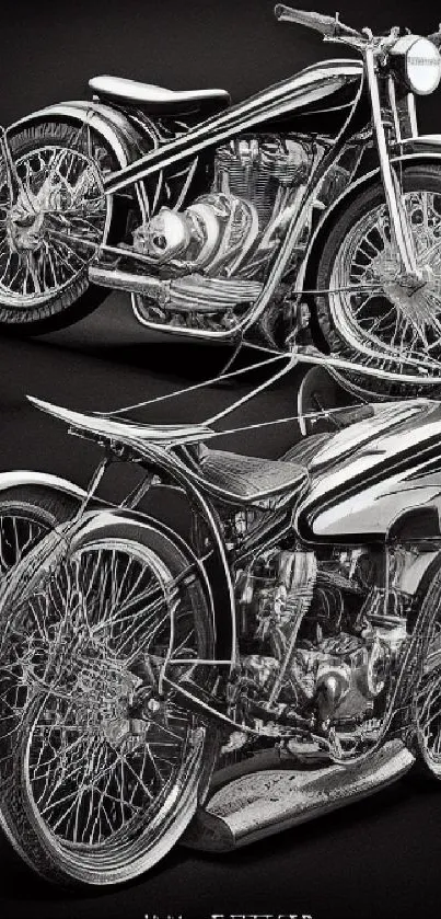 Vintage motorcycles in monochrome with classic design on a black background.