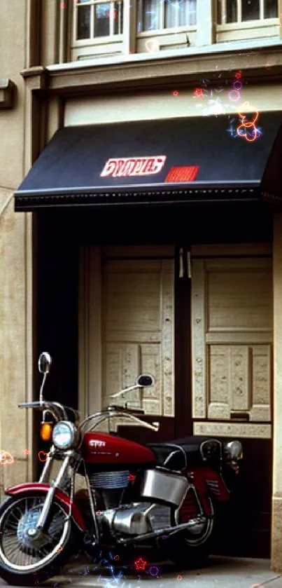 Vintage motorcycle parked at chic café entrance in urban setting.