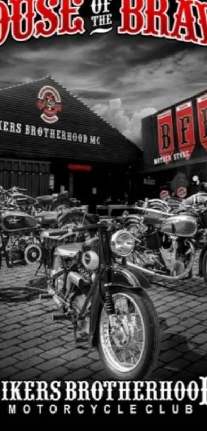 Vintage motorcycles in a biker club setting, House of the Brave theme.