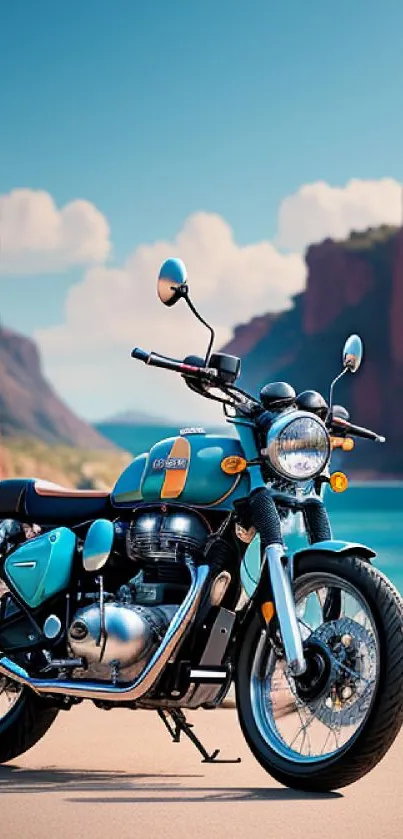 Vintage motorcycle set against a picturesque beach landscape under sunny skies.