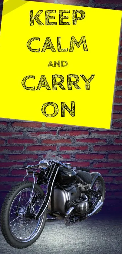 Vintage motorcycle with 'Keep Calm' poster over brick wall background.