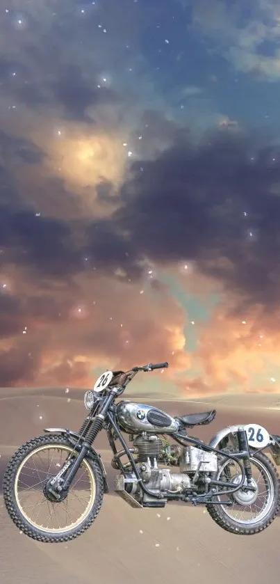 Vintage motorcycle under a desert sky with glowing clouds.