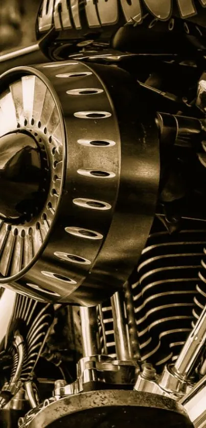 Vintage motorcycle engine with sepia tones, focusing on intricate details.