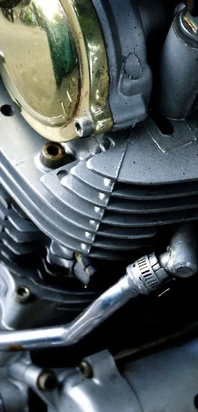 Close-up of a vintage motorcycle engine with metallic finishes.