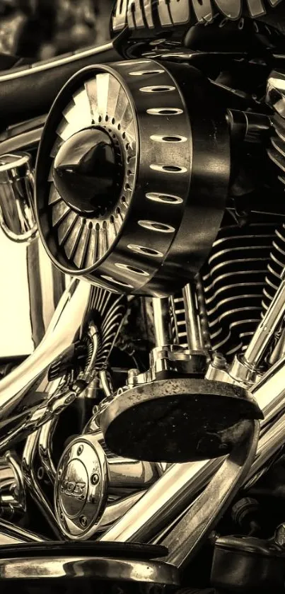 Sepia-toned vintage motorcycle engine close-up, emphasizing chrome and details.