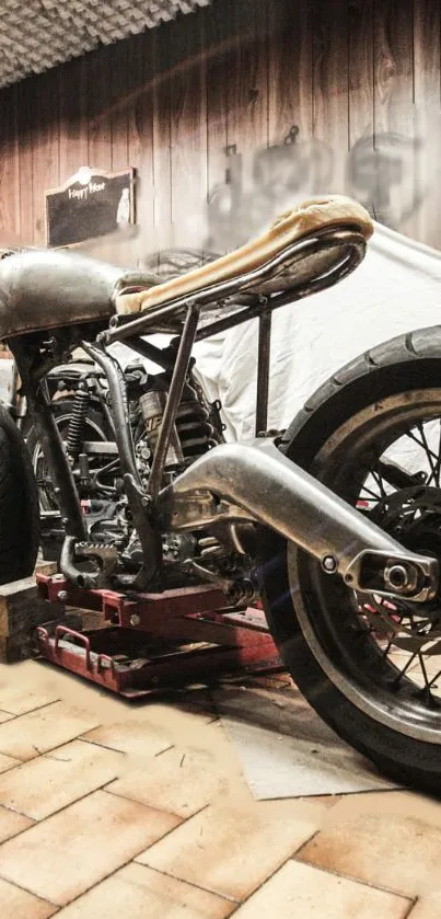 Vintage motorcycle in a rustic garage setting, showcasing classic design.