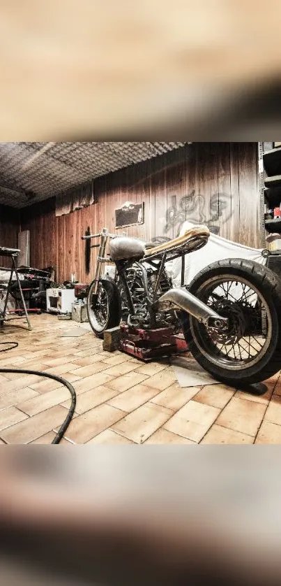 Vintage motorcycle in a rustic garage setting, perfect for enthusiasts.