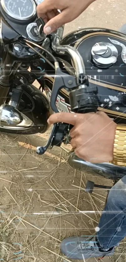 Close-up of vintage motorcycle handlebars with a gold watch.