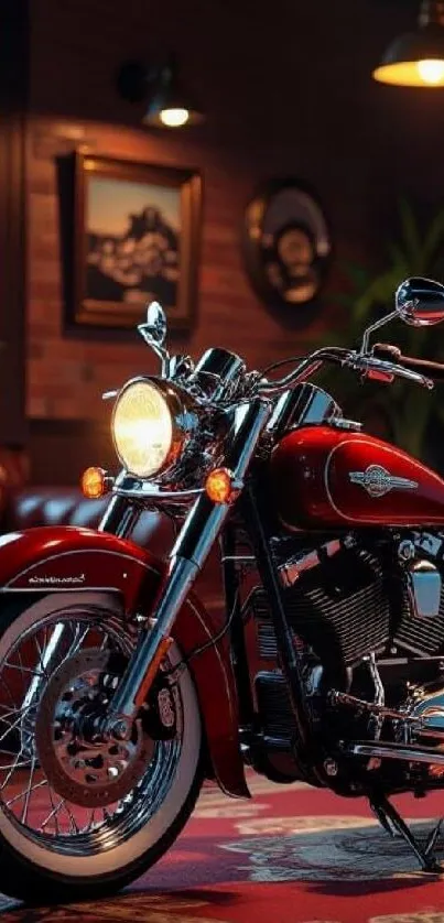 Vintage motorcycle in a cozy indoor setting with warm lighting.