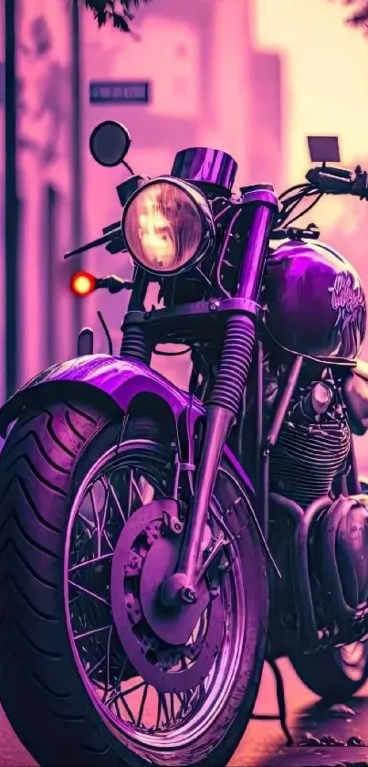 Purple vintage motorcycle on city street at dusk.