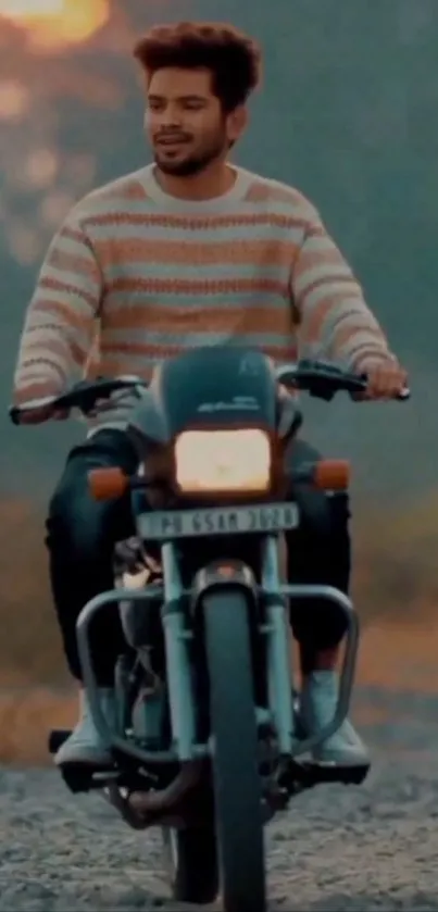 A man rides a vintage motorcycle on a gravel path amidst scenic nature.