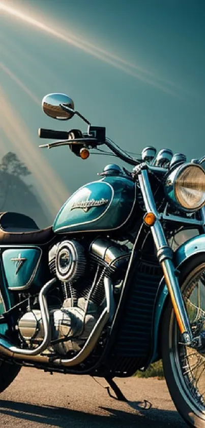 Vintage motorcycle on scenic road with teal and sunlight accents.