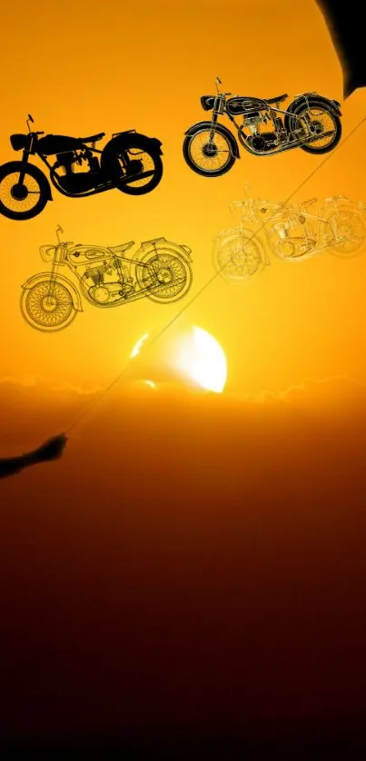 Vintage motorcycles float against a golden sunset sky in artistic design.