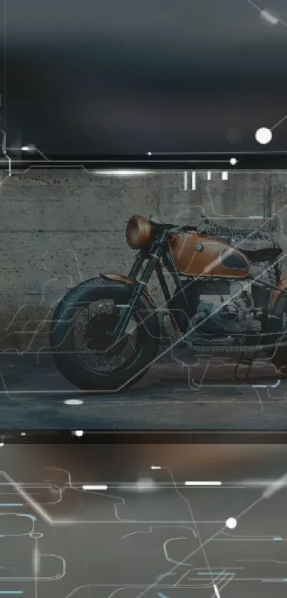 Vintage motorcycle with digital tech overlay on rustic background.