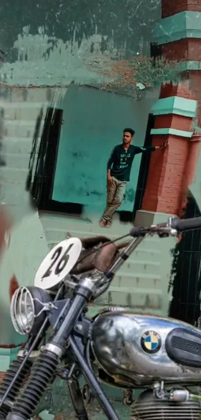 Vintage motorcycle with urban backdrop featuring vibrant graffiti.