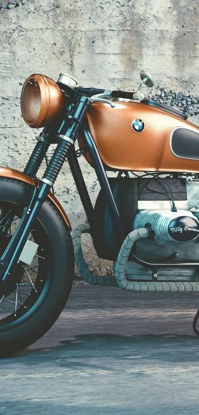 Vintage motorcycle with copper finish against a rustic concrete background.