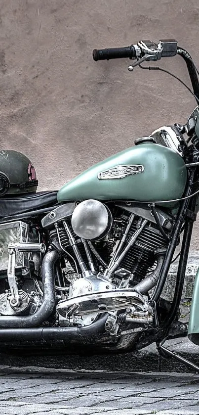 Vintage motorcycle in an urban setting with pastel green hues.