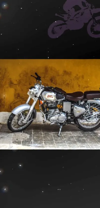 Vintage motorcycle against a yellow wall, perfect for retro style.