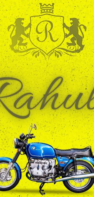 Blue motorcycle on yellow background with vintage style.