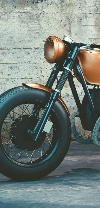 Vintage motorcycle with bold orange accents against a concrete wall.