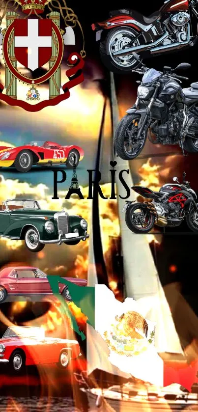 Dynamic wallpaper with vintage cars, motorcycles, and Paris theme.