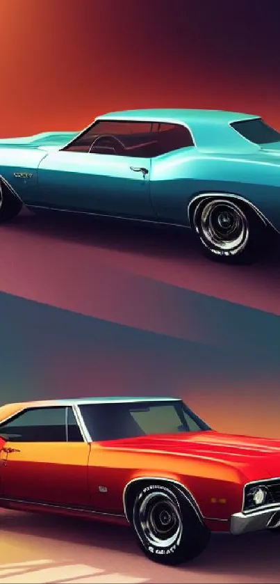 Vintage cars in vibrant hues on mobile wallpaper.