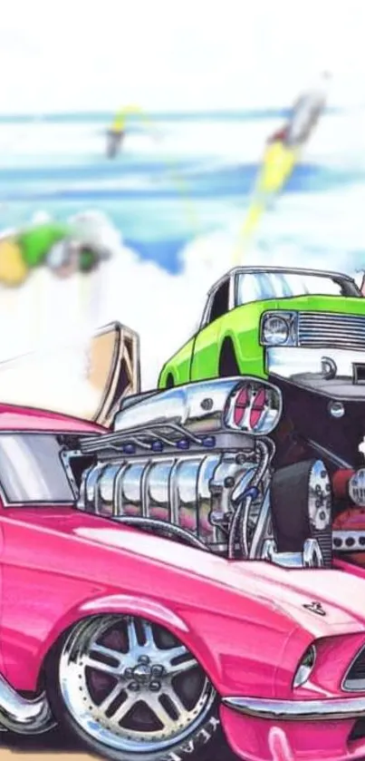 Vibrant muscle cars art in pink and green with dreamy background.