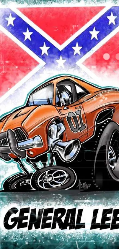 Illustrated vintage muscle car with vibrant colors and artistic style.