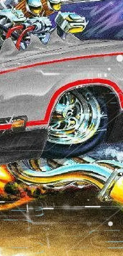 Dynamic vintage muscle car with flames illustration.