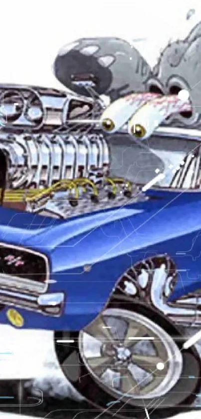 Illustration of a vintage muscle car with a dynamic cartoonish design in blue.