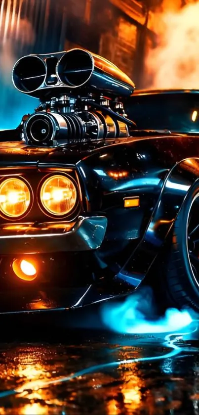 Vintage muscle car with bright headlights and powerful engine at night.