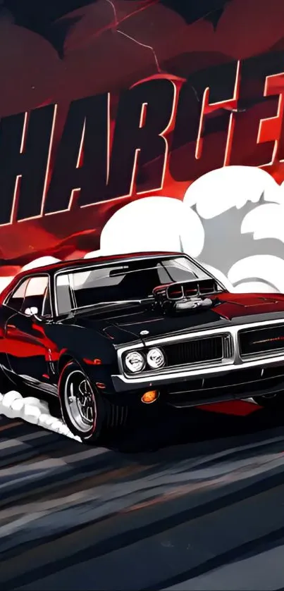 Classic muscle car speeding with dynamic design and bold colors.