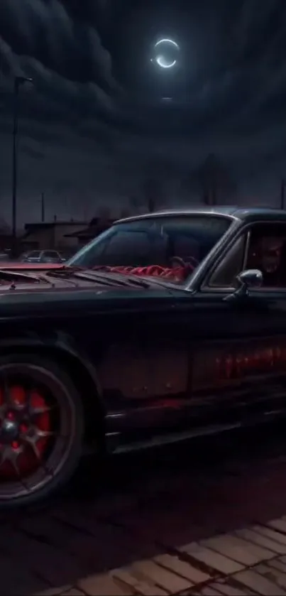 Vintage muscle car under a nighttime sky with dramatic clouds.