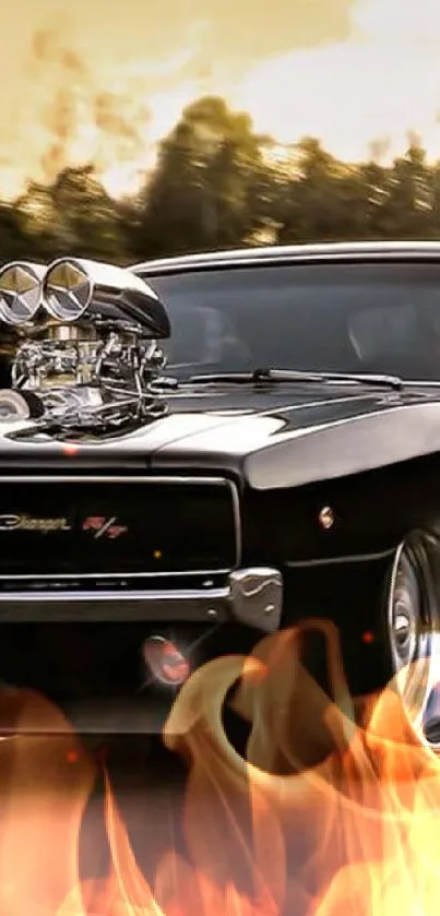 Vintage muscle car cruising at sunset with chrome details and powerful engine.