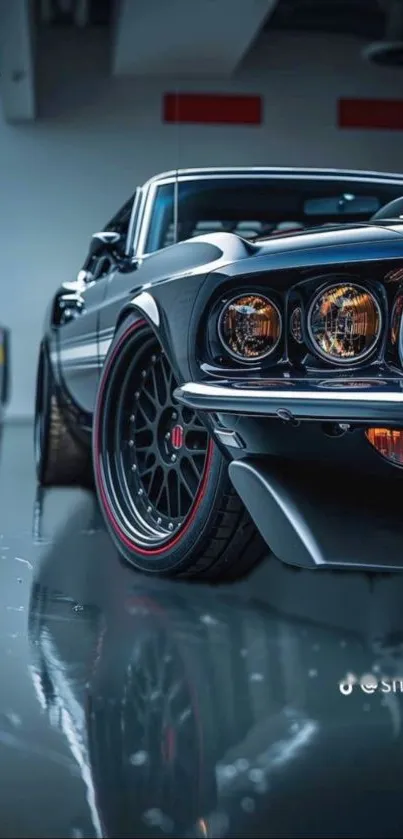 Classic black muscle car with glossy reflection on a showroom floor.