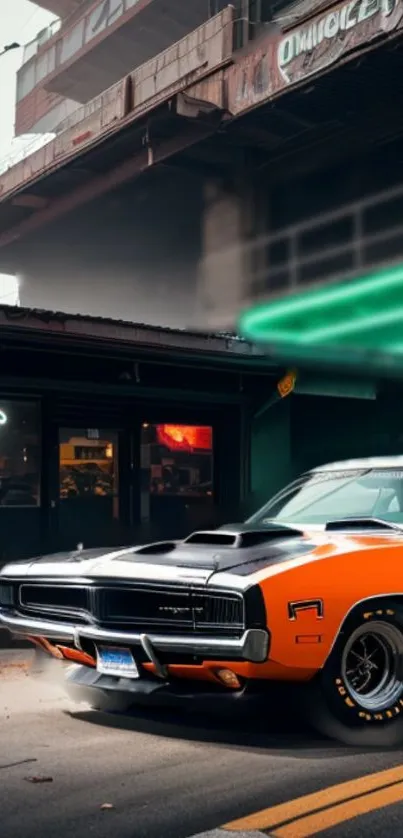 Classic orange muscle car under an urban overpass.