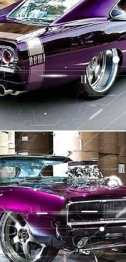 Purple vintage muscle car with polished wheels.