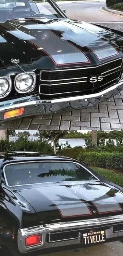 Sleek black Chevelle SS, vintage muscle car displayed on a pavement.