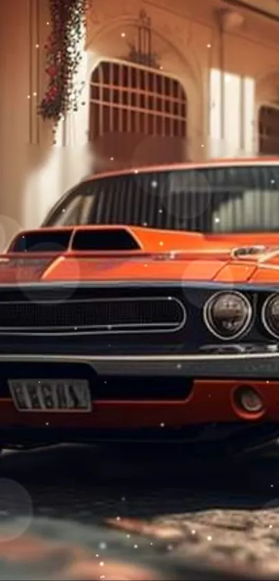 Vintage orange muscle car in urban scene wallpaper.