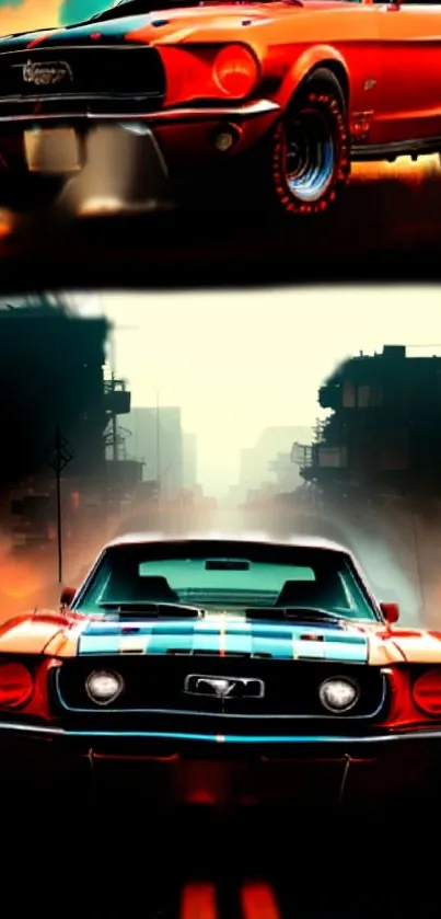 Vintage muscle car against cityscape backdrop.