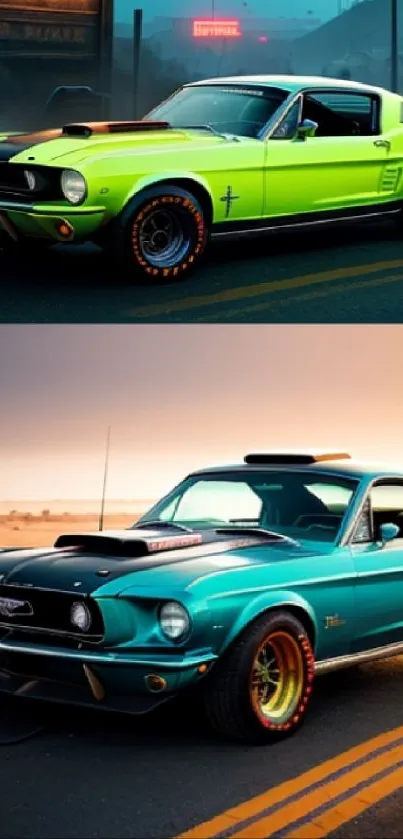 Vintage muscle cars in vibrant green and blue on highway in stunning wallpaper.