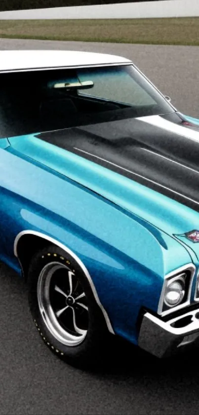 Vintage blue muscle car on road, sleek and classic.