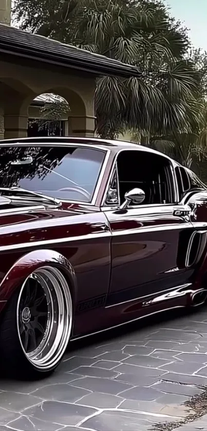 Vintage maroon muscle car parked on driveway with palm trees.