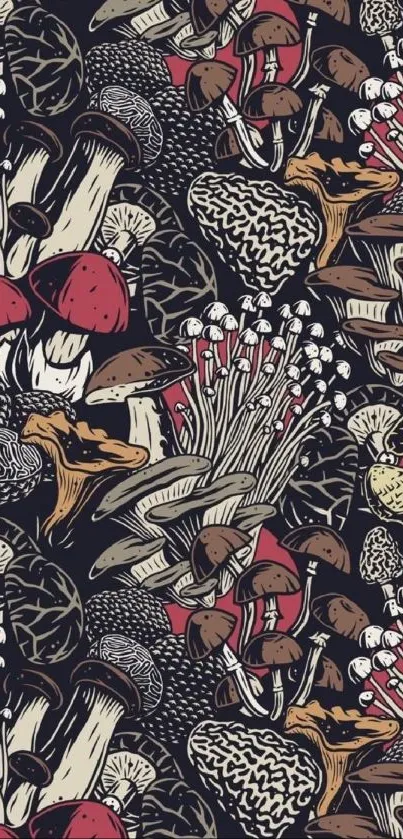 Vintage mushroom pattern illustration with diverse fungi.