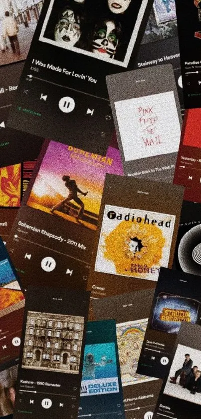 Vintage music album covers on mobile wallpaper.