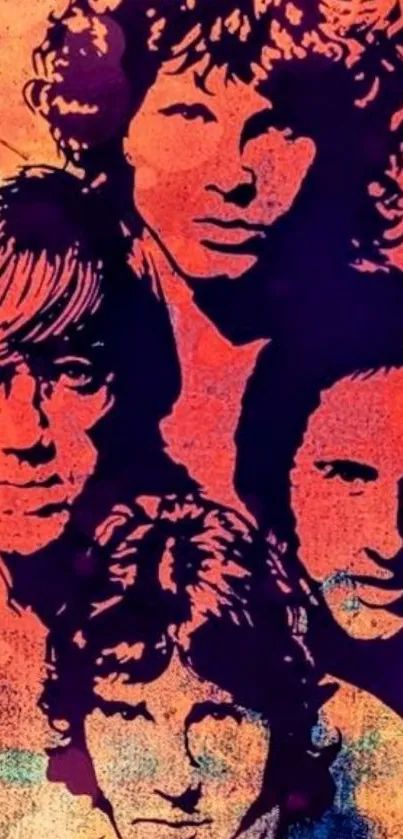 Vintage artistic wallpaper of iconic rock band with vibrant orange tones.