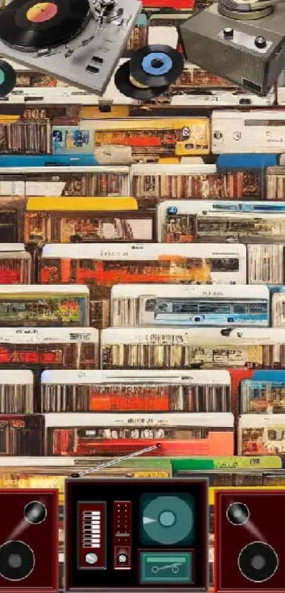 Vintage music wallpaper with records and tapes.